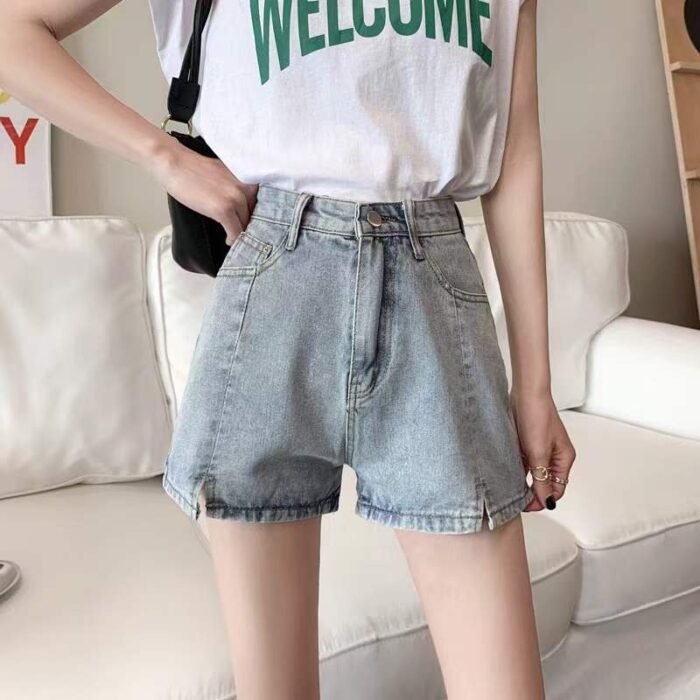Womens summer high-waist slimming loose wide-leg hot girl slit washed cotton denim shorts - Tradedubai.ae Wholesale B2B Market