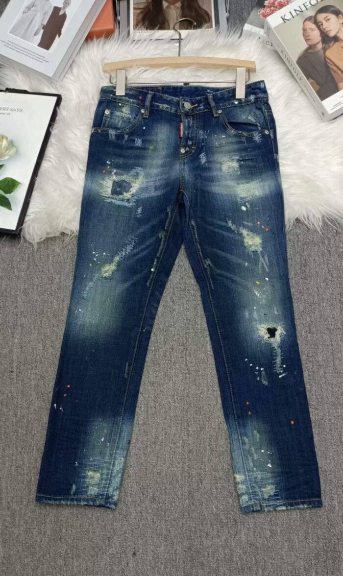 Womens trendy dot-painted distressed slim-fitting small-foot splicing patch fake ripped blue jeans - Tradedubai.ae Wholesale B2B Market