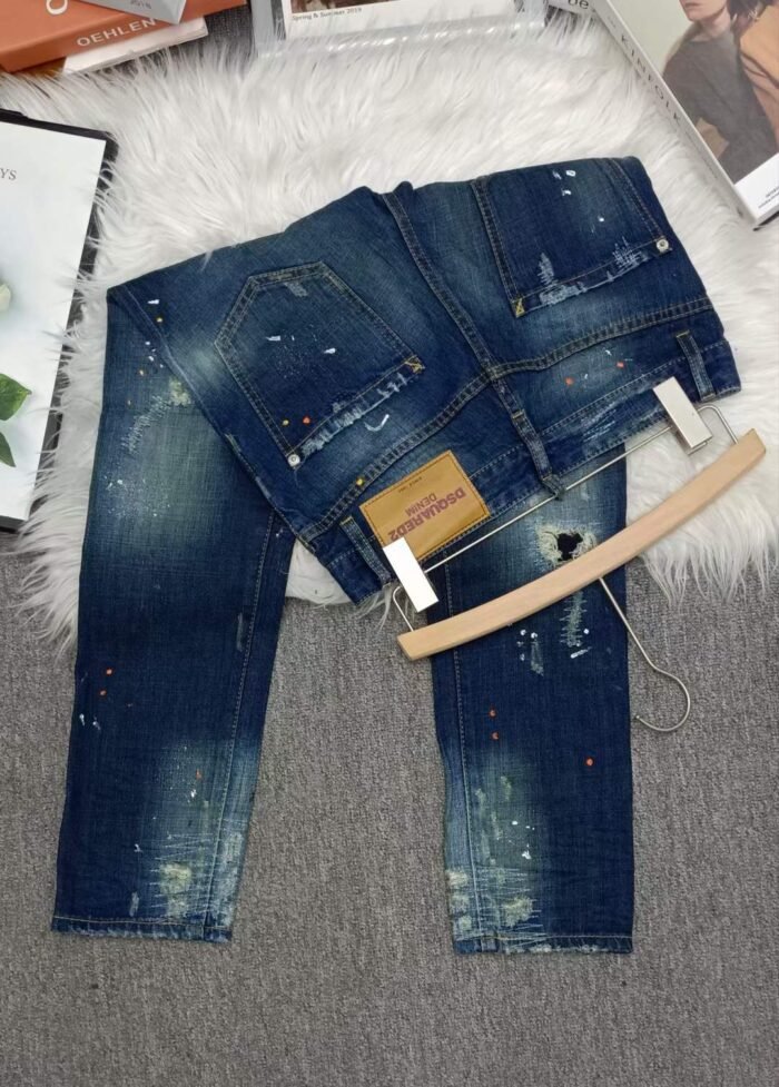 Womens trendy dot-painted distressed slim-fitting small-foot splicing patch fake ripped blue jeans - Tradedubai.ae Wholesale B2B Market