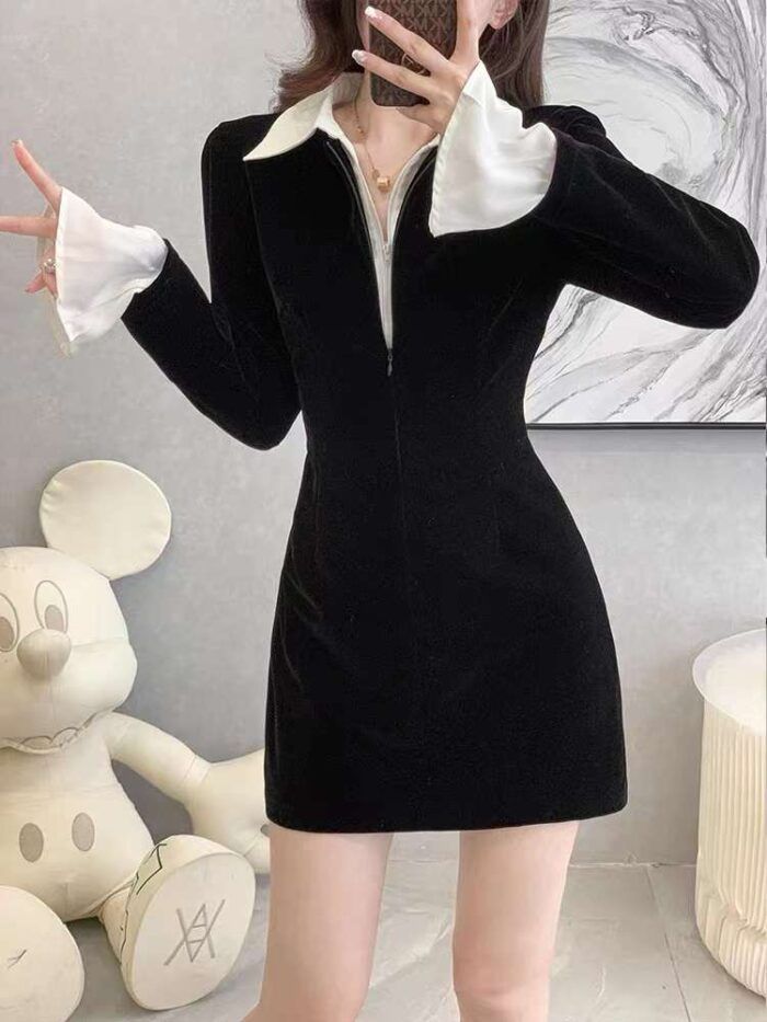 Womens velvet long-sleeved PoLo collar shirt dress Black