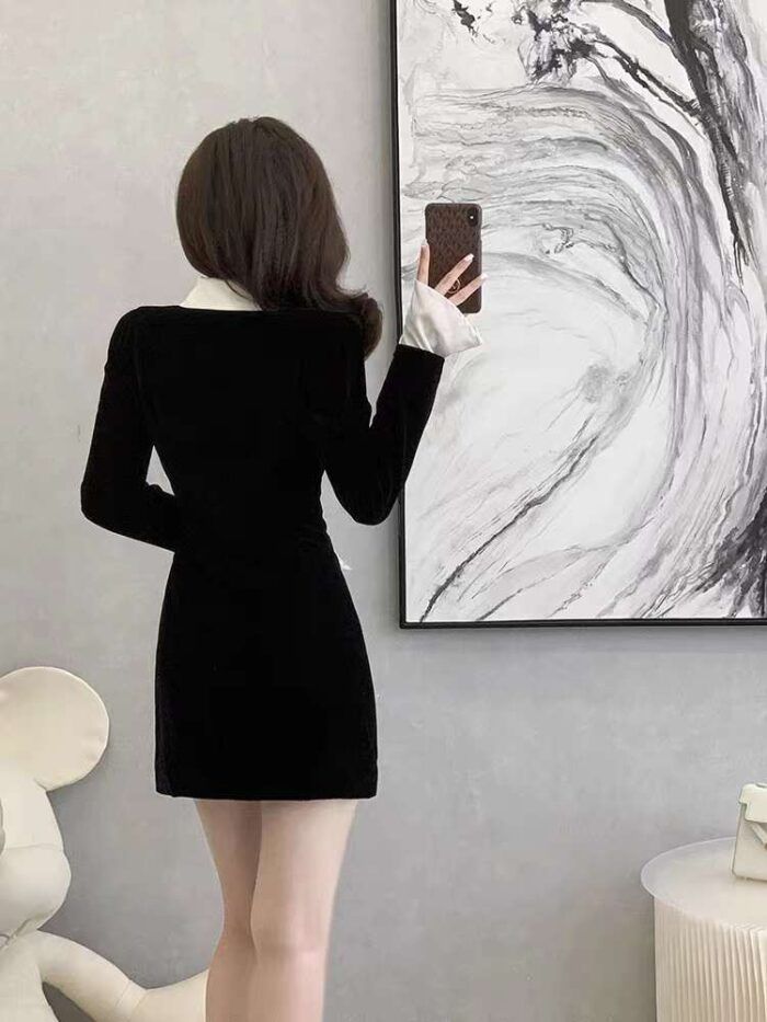 Womens velvet long-sleeved PoLo collar shirt dress Black