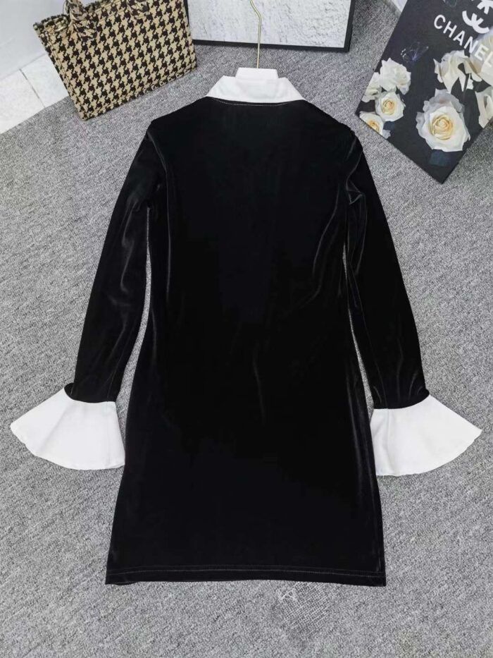 Womens velvet long-sleeved PoLo collar shirt dress Black