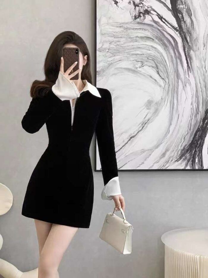 Womens velvet long-sleeved PoLo collar shirt dress Black