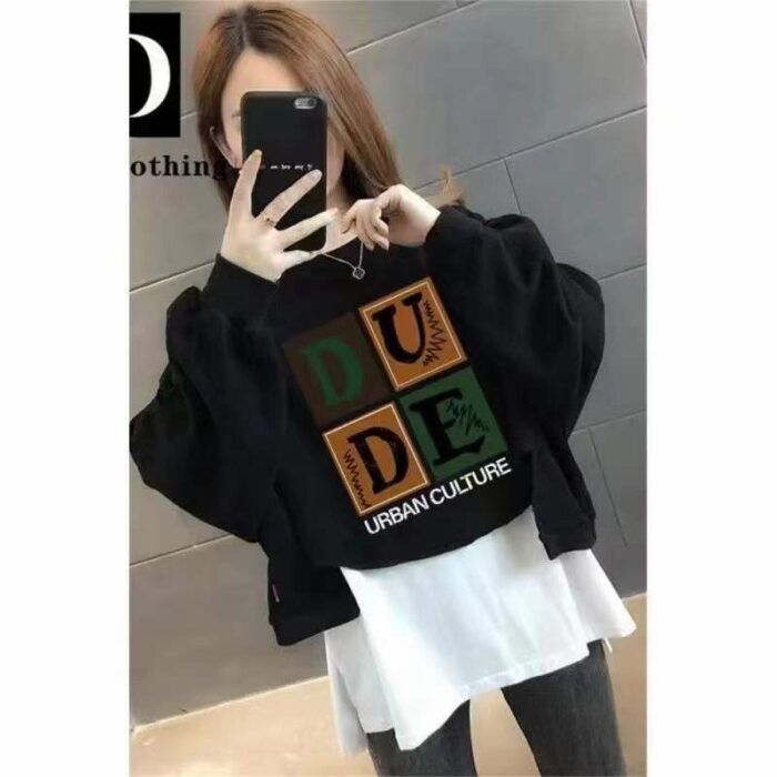 fake two-piece set of womens round neck sweatshirts