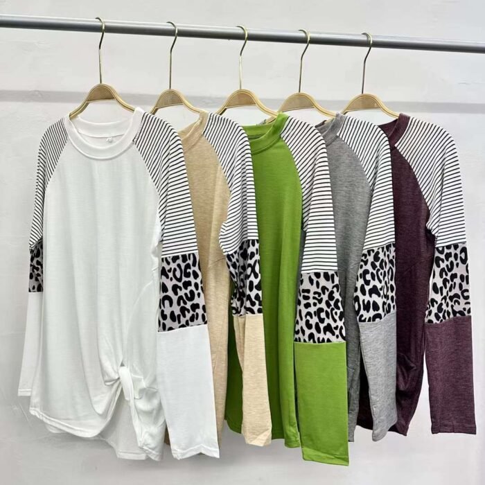 knotted leopard print color-blocked striped cotton long-sleeved T-shirts - Tradedubai.ae Wholesale B2B Market