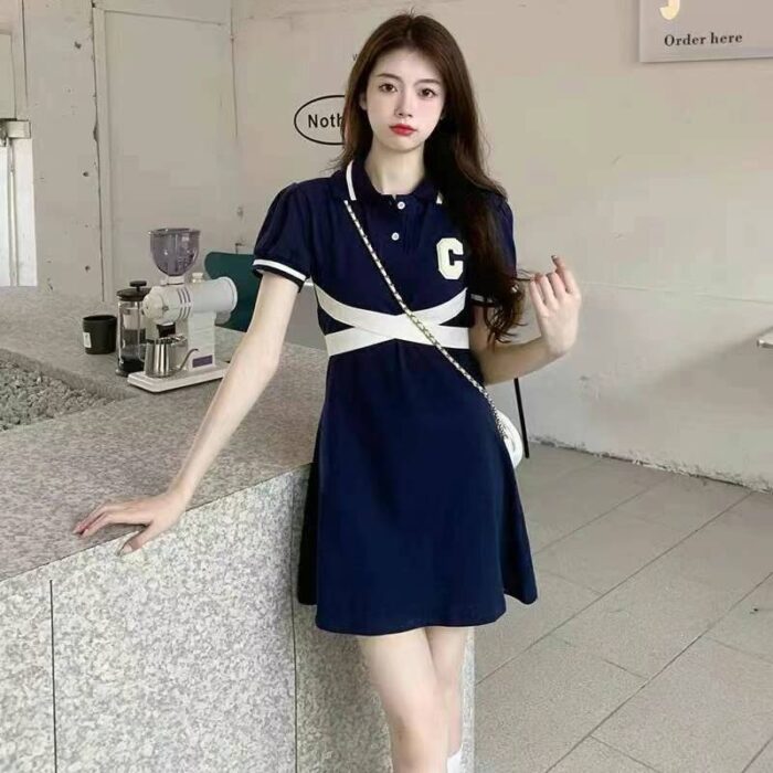 College Style Puff Sleeve Polo Collar Dress Womens Cross Strap Waist Slimming Bow Short Skirt - Tradedubai.ae Wholesale B2B Market