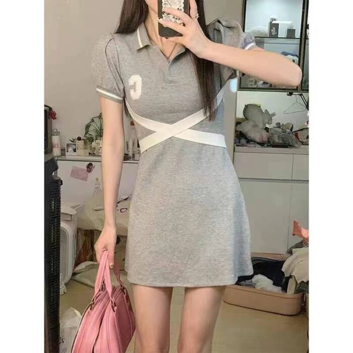 College Style Puff Sleeve Polo Collar Dress Womens Cross Strap Waist Slimming Bow Short Skirt - Tradedubai.ae Wholesale B2B Market