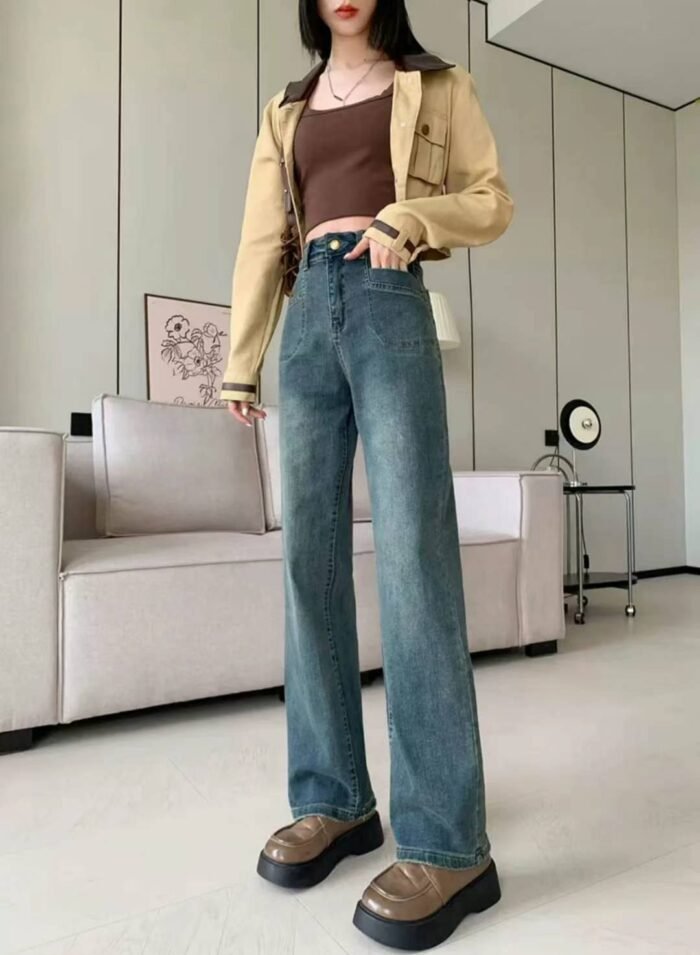 High-elastic womens retro washed cotton internet celebrity popular denim straight pants - Tradedubai.ae Wholesale B2B Market