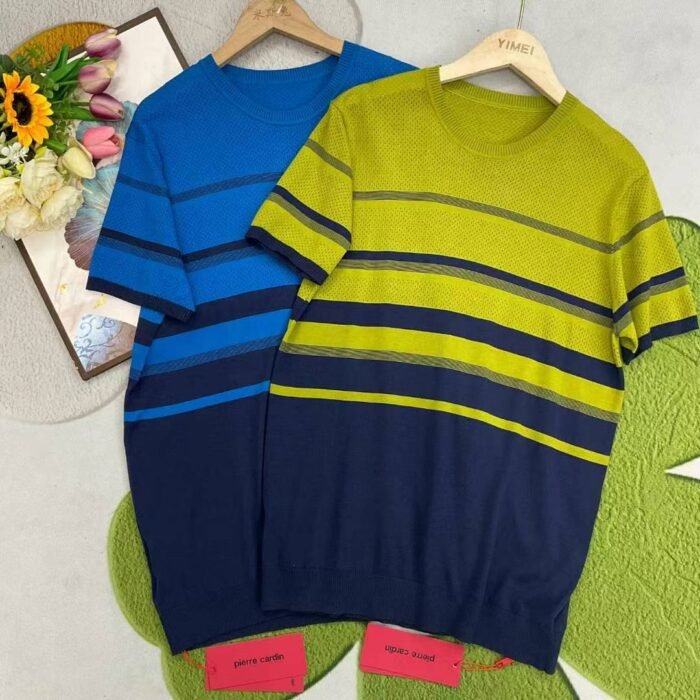 High-quality brand Pierre Cardin mens summer American ice silk knitted short-sleeved round neck double contrasting T-shirt - Tradedubai.ae Wholesale B2B Market