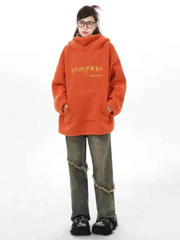 High-quality polar fleece pumpkin hooded sweatshirt with national fashion embroidery design - Tradedubai.ae Wholesale B2B Market