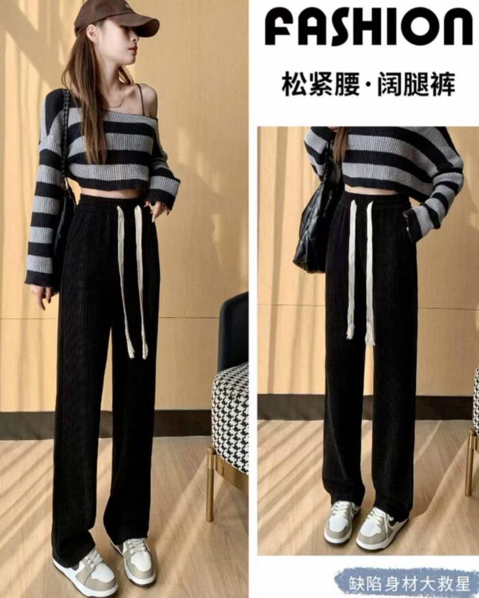 High-quality womens chenille elastic waist casual straight wide-leg pants