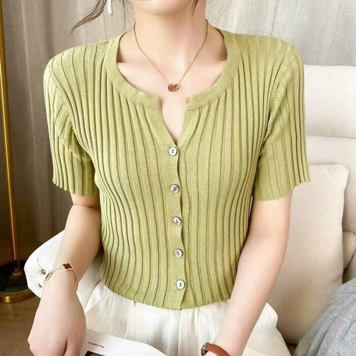 Korean style slim fit high stretch knitted short-sleeved top - Tradedubai.ae Wholesale B2B Market