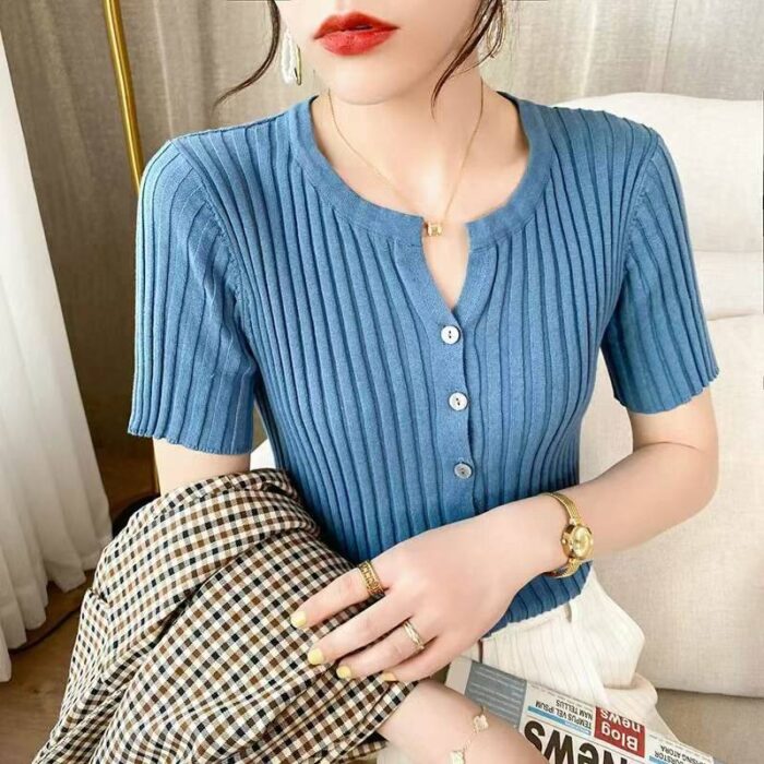 Korean style slim fit high stretch knitted short-sleeved top - Tradedubai.ae Wholesale B2B Market