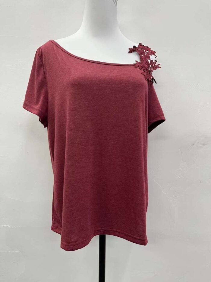 Lace off-shoulder hollow solid color short-sleeved tops1 - Tradedubai.ae Wholesale B2B Market