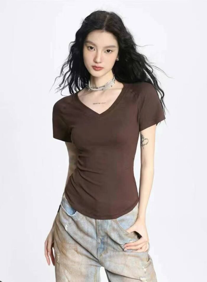 Pleated V-neck tops for hot girls the fabric is comfortable and elastic - Tradedubai.ae Wholesale B2B Market