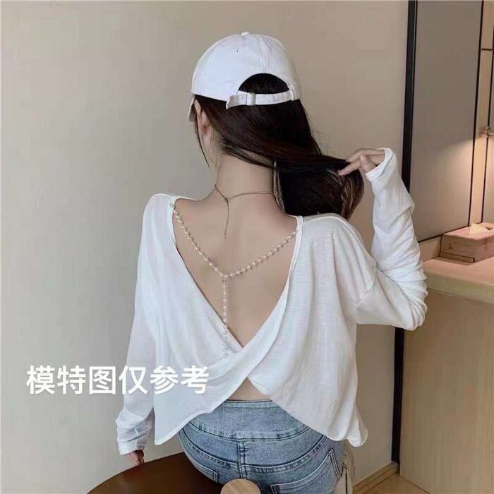 Solid color sexy knotted pearl chain long sleeve T-shirts - Tradedubai.ae Wholesale B2B Market