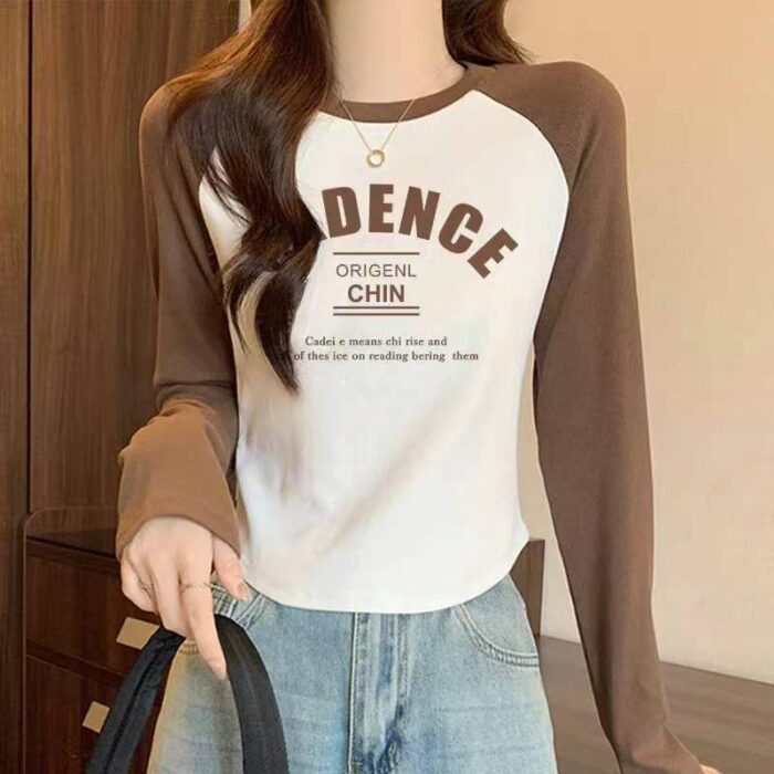 Spring American Hot Girl Style Slim Fit Versatile Short Bottoming Top Womens Printed Contrast Color Long Sleeve T-shirt - Tradedubai.ae Wholesale B2B Market