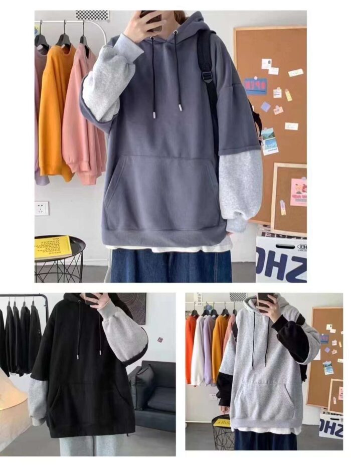 Stylish brand mens pure cotton large version plus velvet hooded fake two-piece sweatshirt - Tradedubai.ae Wholesale B2B Market