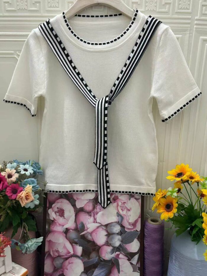 Summer new sweet college lace-up knitted short-sleeved bow top - Tradedubai.ae Wholesale B2B Market