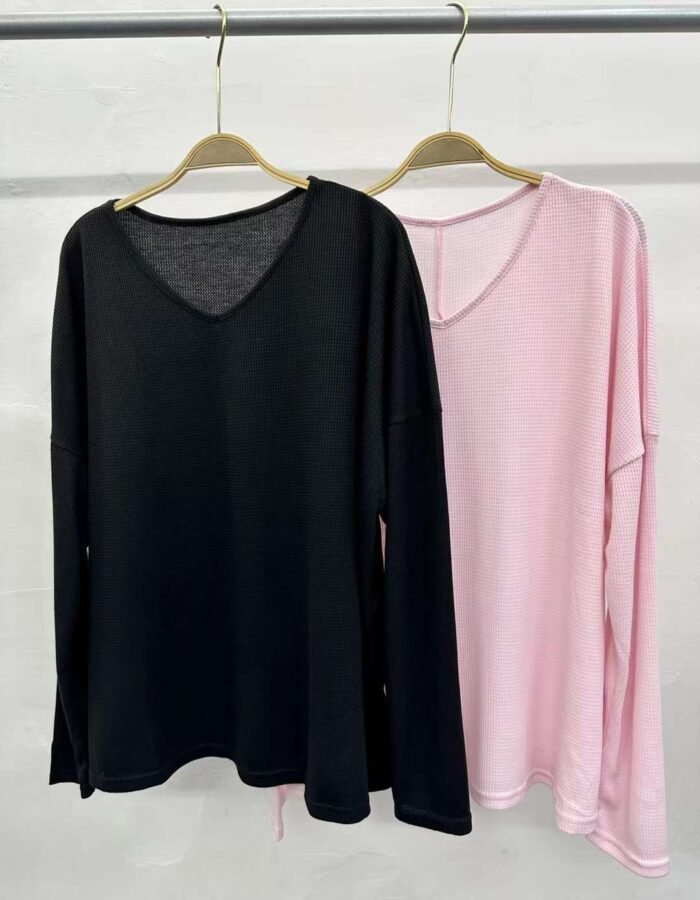 V-neck solid color waffle long-sleeved tops complete style - Tradedubai.ae Wholesale B2B Market