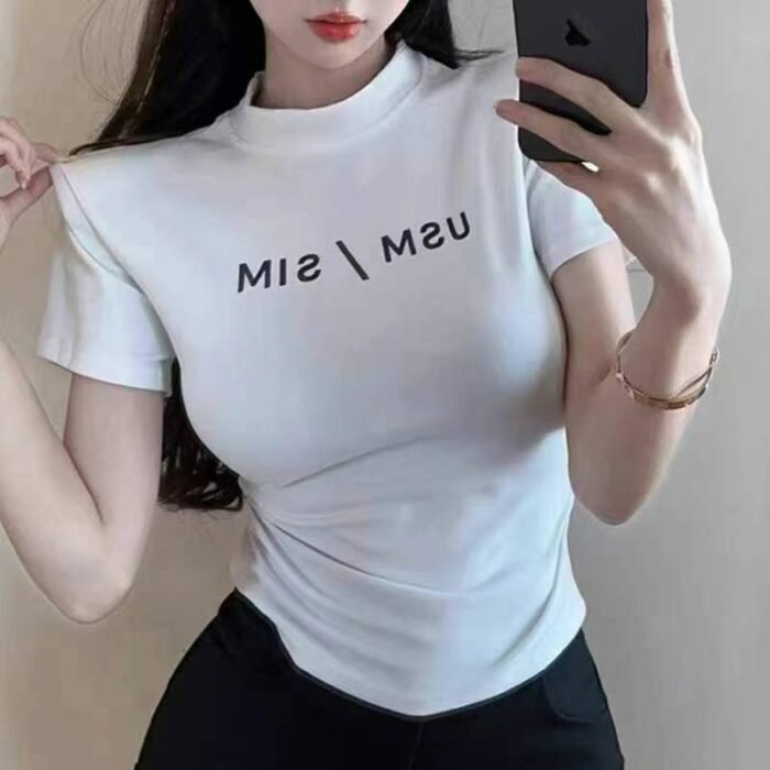 Waist-slimming letter-printed stand-up collar chic double-sided pleated hot girl crop top short-sleeved T-shirt - Tradedubai.ae Wholesale B2B Market