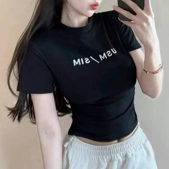 Waist-slimming letter-printed stand-up collar chic double-sided pleated hot girl crop top short-sleeved T-shirt - Tradedubai.ae Wholesale B2B Market