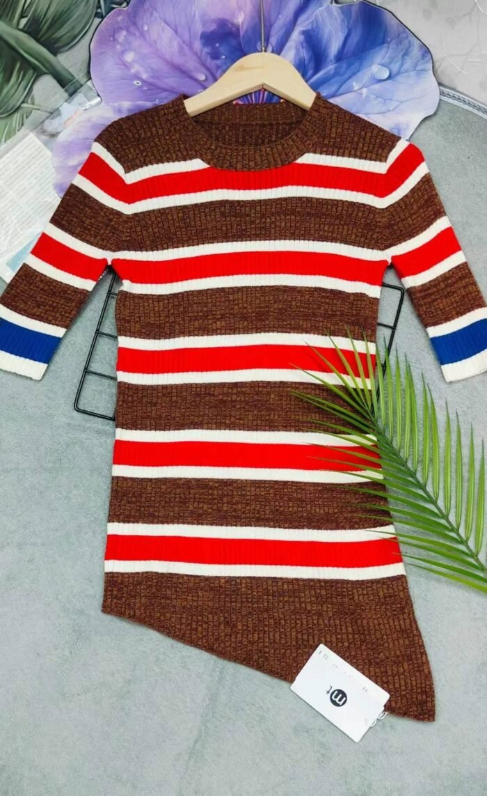 Color-blocked striped spring and autumn new style wool mid-sleeve knitted pullover irregular womens clothing - Tradedubai.ae Wholesale B2B Market