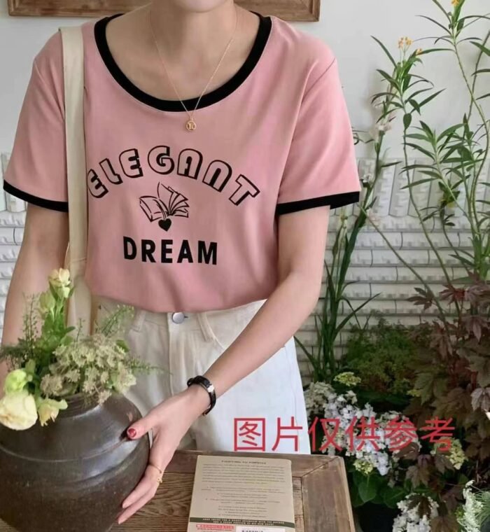 Cotton pretty girl short-sleeved Korean style letter printed color matching casual and versatile top - Tradedubai.ae Wholesale B2B Market