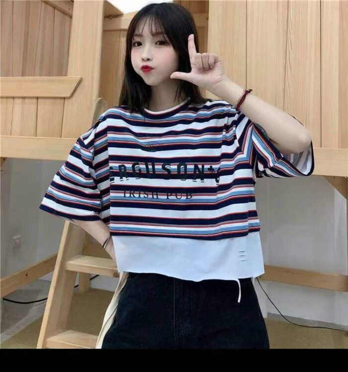 Hot girl loose and slim cotton striped short-sleeved casual round neck T-shirt