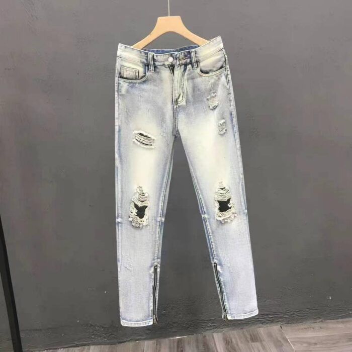 Mens American high street style washed distressed knee ripped jeans with slits hiphop European and American street slim trousers