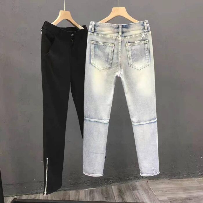 Mens American high street style washed distressed knee ripped jeans with slits hiphop European and American street slim trousers