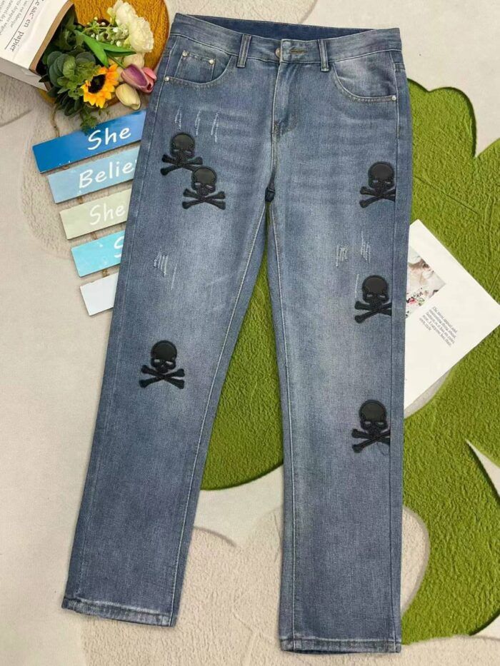 Mens washed cotton skull street brand watermarked straight denim trousers - Tradedubai.ae Wholesale B2B Market