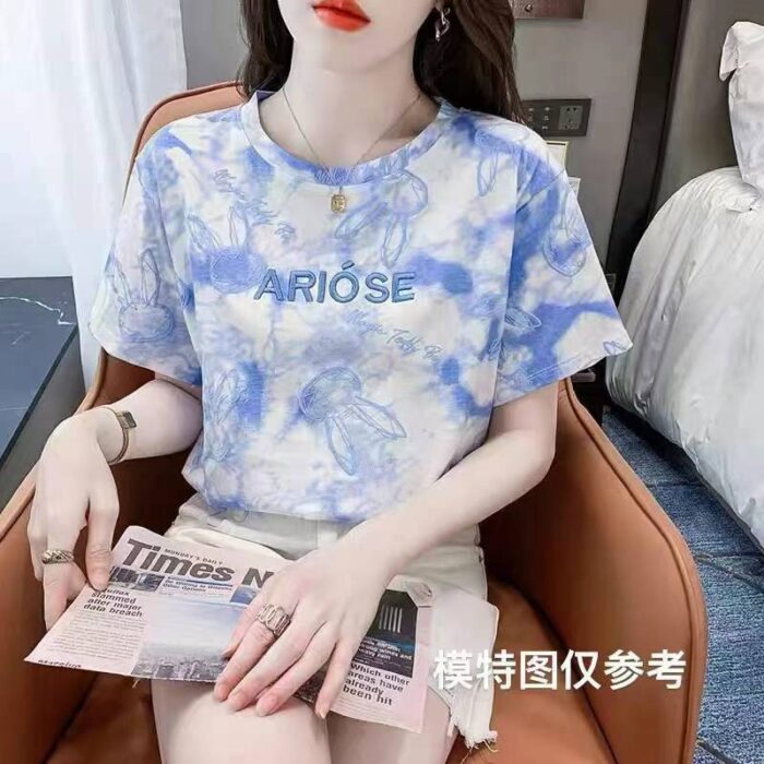 Milk blue tie-dye short-sleeved T-shirt for women loose new style niche chic design top - Tradedubai.ae Wholesale B2B Market