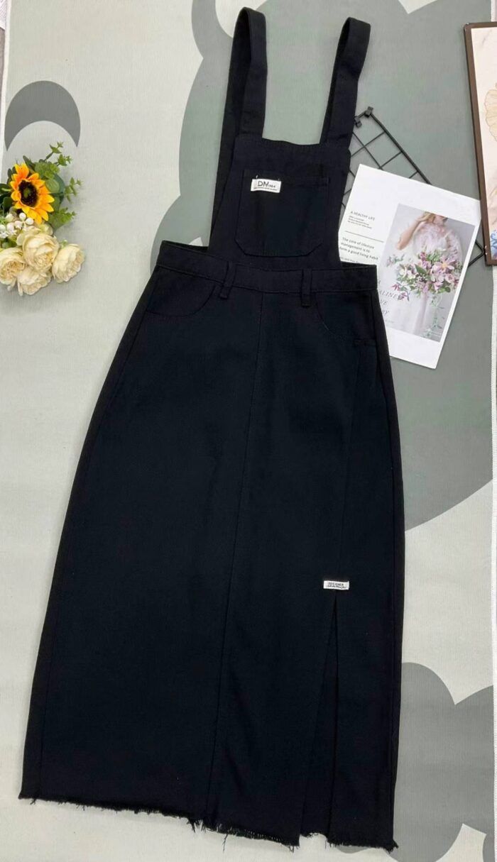 Summer womens designed waist-slit washed cotton denim suspender long skirt