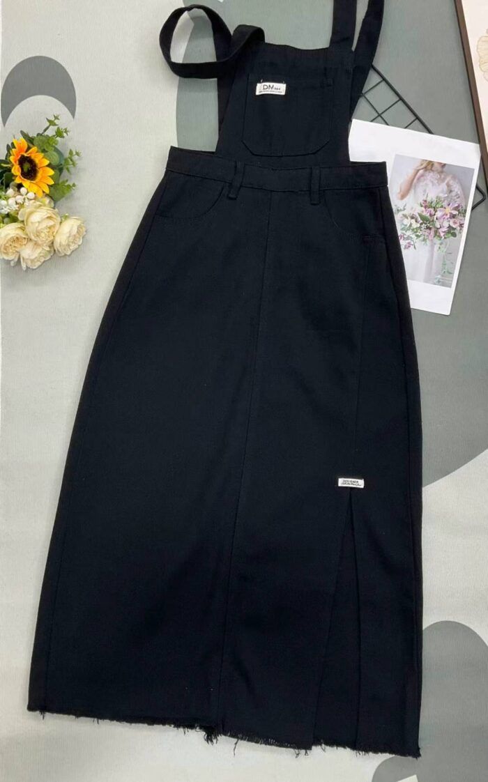 Summer womens designed waist-slit washed cotton denim suspender long skirt