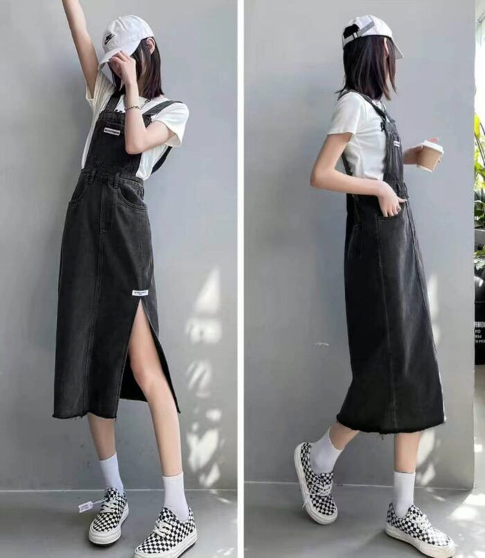 Summer womens designed waist-slit washed cotton denim suspender long skirt