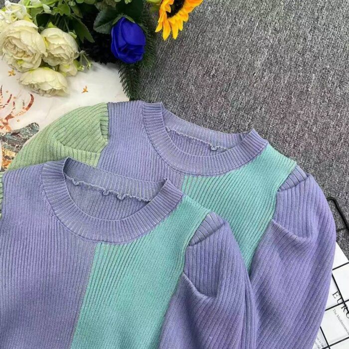 Sweet and spicy thin style French puff sleeve slimming knitted sweater with elegant splicing