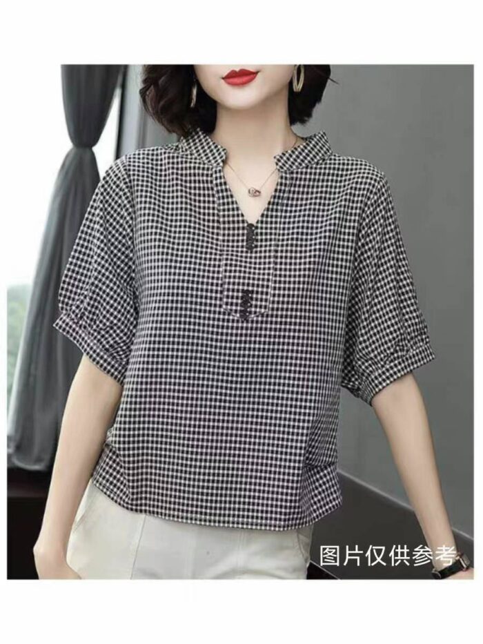 Zhong Shufeng fashionable casual tops 2024 new design niche V-neck small plaid short-sleeved shirts - Tradedubai.ae Wholesale B2B Market