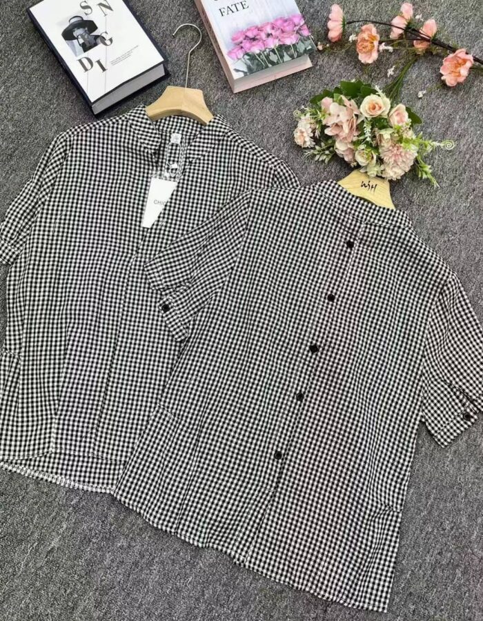 Zhong Shufeng fashionable casual tops 2024 new design niche V-neck small plaid short-sleeved shirts - Tradedubai.ae Wholesale B2B Market