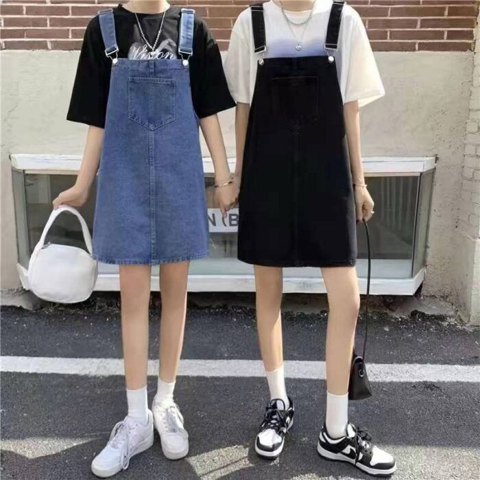 suspender jeans and denim skirt