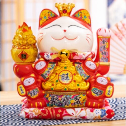 10-Inch Bucket of Gold Lucky Cat (Red) 25cm High (Plug-in, Battery Dual-Use)