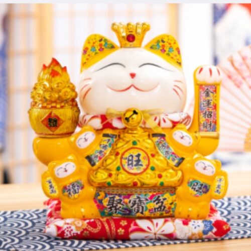 10-Inch Bucket of Gold Lucky Cat (Yellow) 25cm High(Plug-in, Battery Dual-Use)