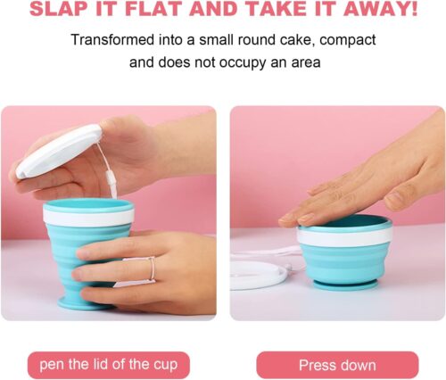 200ml Silicone Folding Cups Collapsible Travel Cup with Lid Retractable Mug, Portable Drinking Cup Expandable Drinking Cup Set for Picnic Camping Outdoor Hiking Travel, Pink, Blue