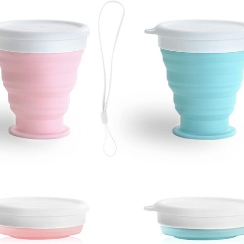 300ml Silicone Folding Cups Collapsible Travel Cup with Lid Retractable Mug, Portable Drinking Cup Expandable Drinking Cup Set for Picnic Camping Outdoor Hiking Travel, Pink, Blue