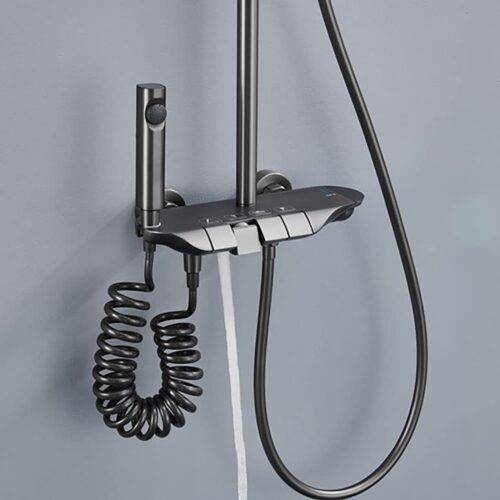 6060 Jinyuanda Fourth Gear Shower-Shower System Thermostatic Shower Faucet Set Wall Mounted Rain Shower Combo Set Piano Keys Tub and Shower Trim Kit with Tub Spout, Handheld Sprayer, 10 Inches Rain Shower Head, Bid