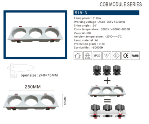3 Heads Led Lighting Fixtures , Canless LED Downlight Led Flat Panel Lights Black Square Ceiling Lamps Flush Mount Bull's Eye Lights-518-3 - Image 2
