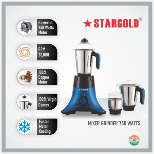 STARGOLD 750 Watt 3 In 1 Mixer Grinder For Multi Purpose Use With Stainless Steel Jar - Image 3