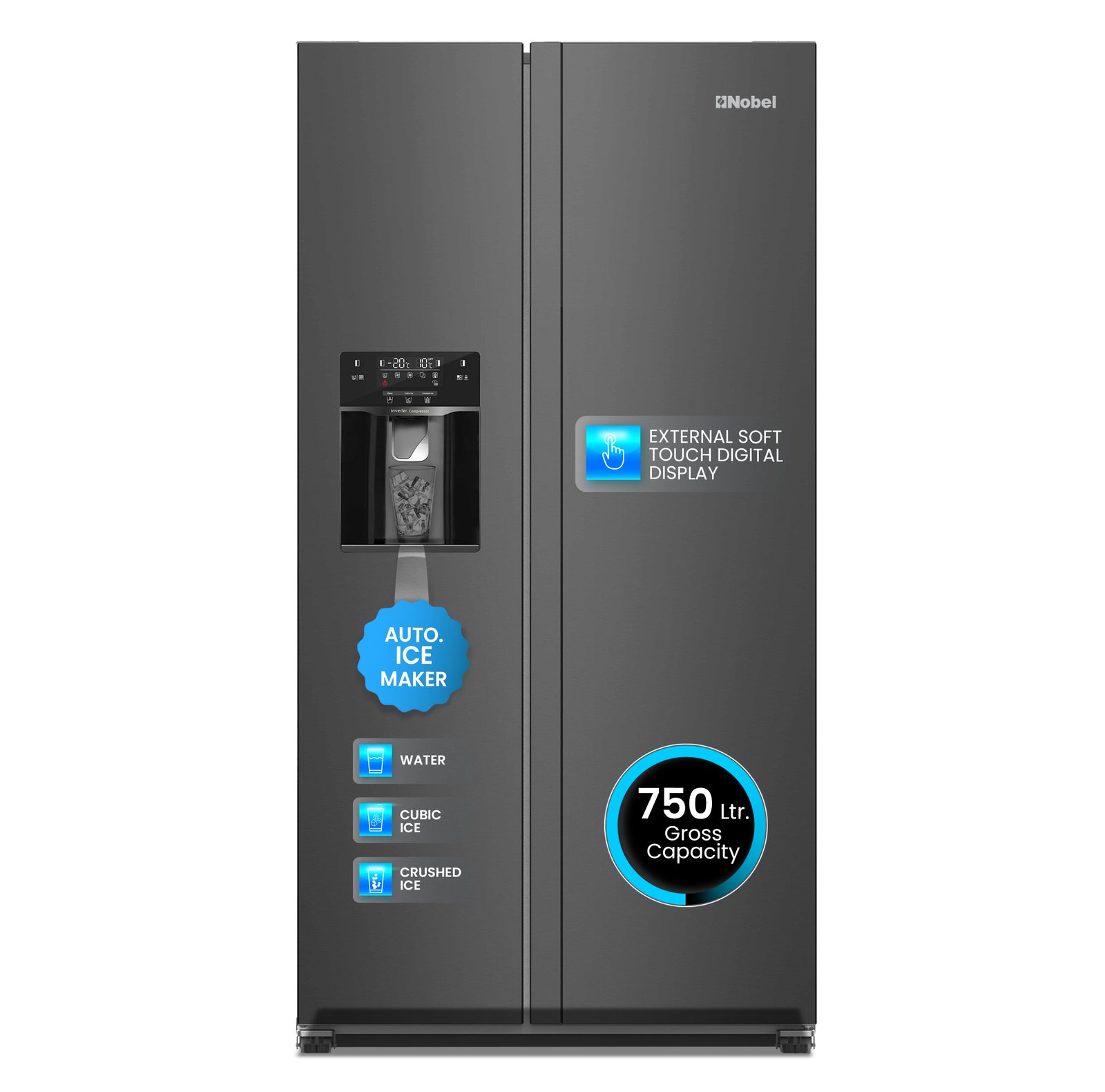 1_a_1600xjpg Nobel 750L Gross /501L Net Capacity Side By Side Refrigerator, No Frost, R600a Refrigerant, External Digital Display, LED Lights, Automatic Ice Maker, Super Freeze, Door Alarm, NR800SIM Inox - Image 1