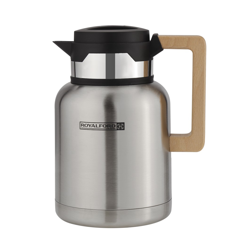 RF10170-WB-1jpg Stainless Steel Vacuum Jug with Wooden Handle, 1.2L, RF10170 | Thermal Insulated Airpot | Keep Drinks Hot & Cold up to Hours | Portable & Leak Proof Thermal Flask - Image 1