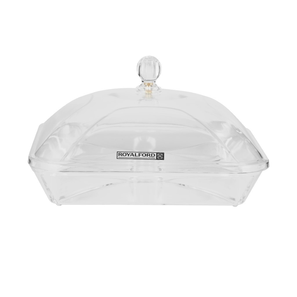 RF10338-3jpg Royalford Square Acrylic Candy Tray, 4 Compartment Design | RF10338 | Beautiful Centerpiece with Transparent Lid | Appetizers Food Tray for Dried Fruits, Nuts, Candies, Salad - Image 1